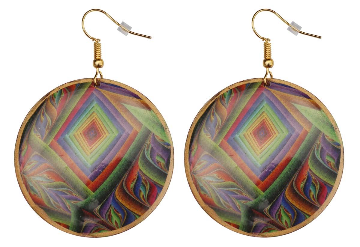 2.5” Pair of Round Hook Earrings in Brass - Colorful Illusionary Pattern - Drop Earrings / Women Fashion Jewelry - Buy in Bulk Wholesale